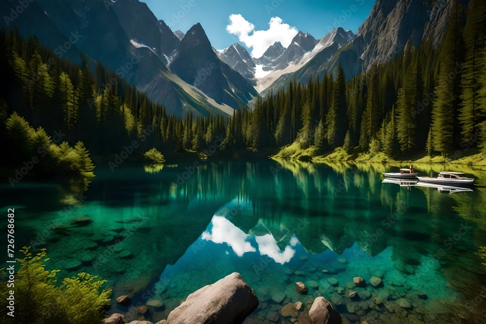 Witness the beauty of a crystal-clear mountain lake surrounded by lush evergreen forests, reflecting the azure sky and the towering peaks in the distance