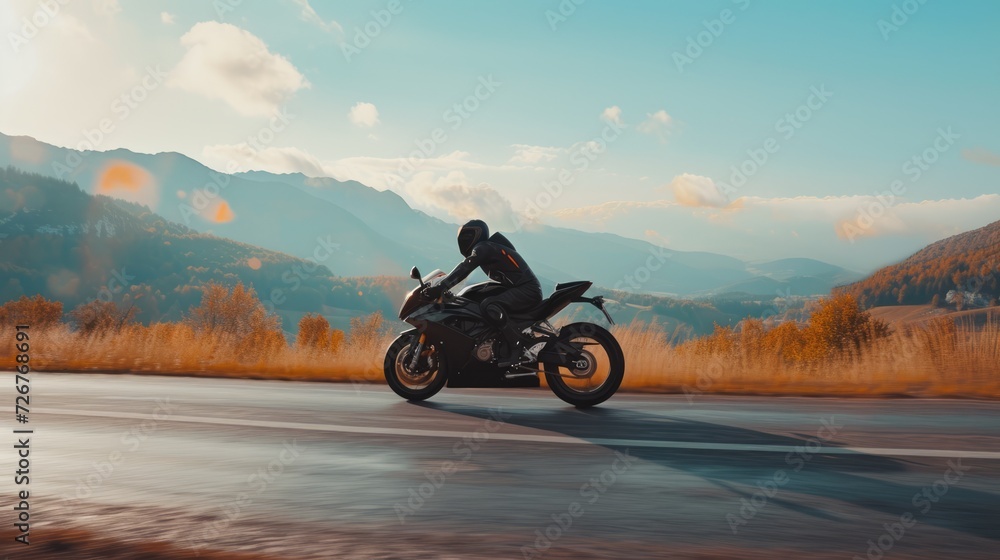 Professional motorbike rider. A motorcycle rides fast on the road. Generative AI. Sport. Copy space for your custom text. Fast motion blur effect