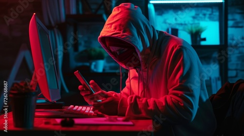 Hacker or phone scammer in hood hacking at computer and mobile smartphone in dark room. Computer criminal uses malware on phone to hack devices. Hacker in dark hoodie in room with neon light using pc photo