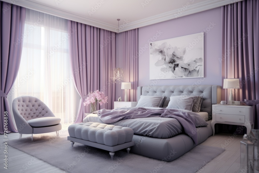 Elegant bedroom in purple tones with luxurious furniture and patterned carpet