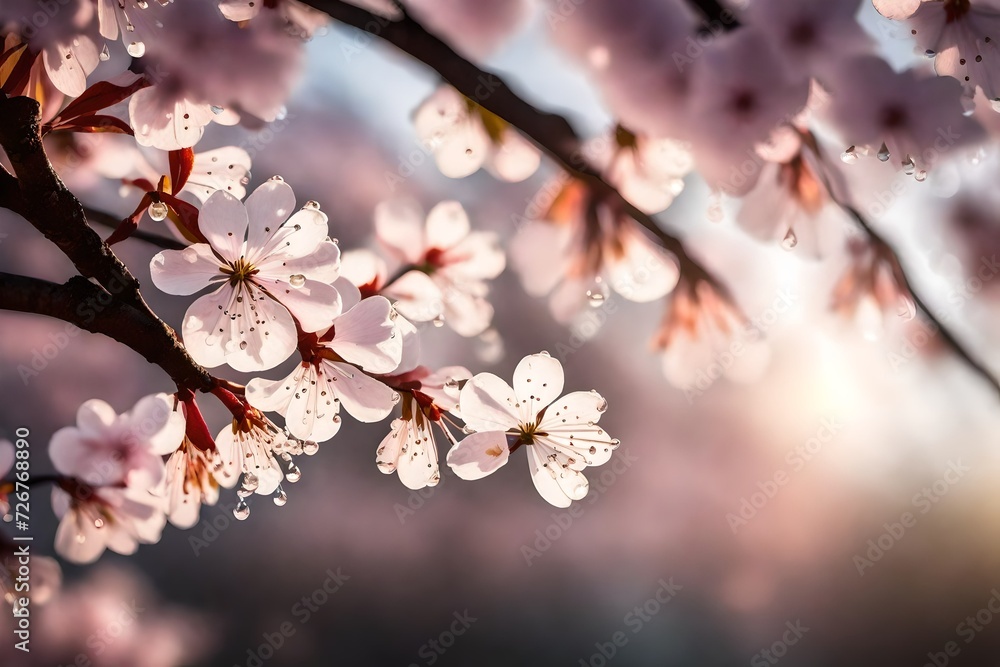 Capture the delicate petals of a cherry blossom tree in bloom, bathed in the soft light of dawn, with dewdrops glistening like diamonds. 