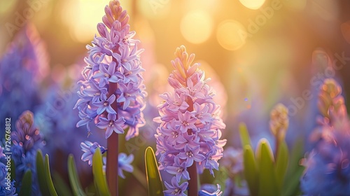 Spring flowers in sunny day in nature, Hyacinths, Crocuses, Daffodils, tulips,, Colorful natural spring background, photo