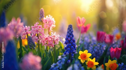 Spring flowers in sunny day in nature, Hyacinths, Crocuses, Daffodils, tulips, Colorful natural spring background