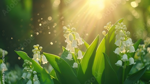 Spring flowers in sunny day in nature, Lily of the valley, Colorful natural spring background