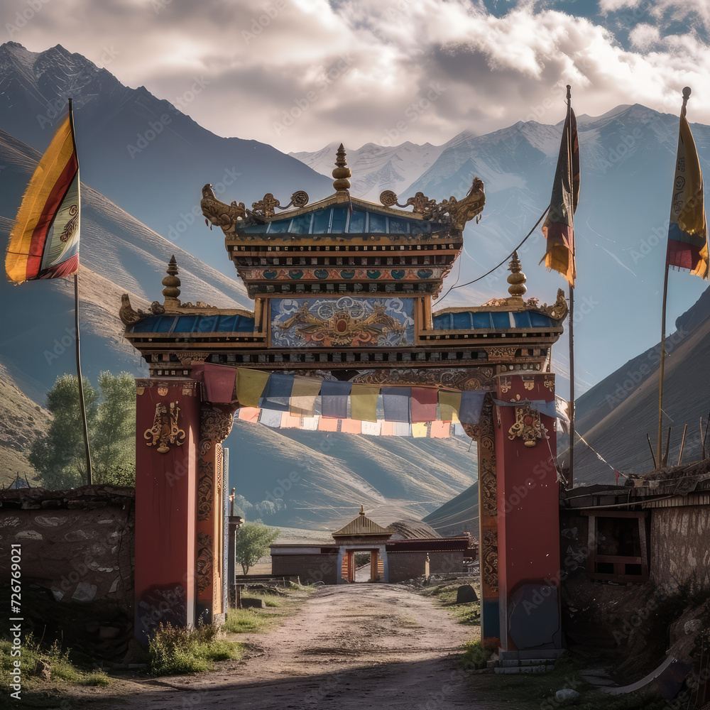 Tibetan Monastery Gate with Serene Prayer Flags