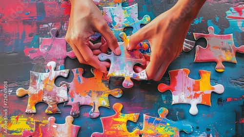 Hands combine puzzle pieces. Art collage