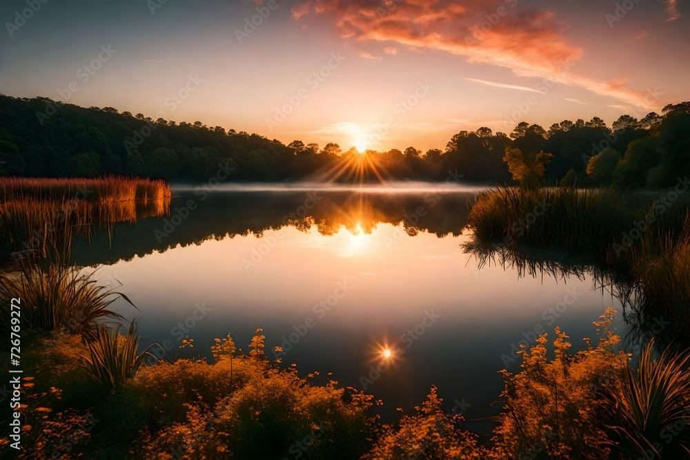 Sunrise over a tranquil lake, with vibrant hues reflecting on the water 
