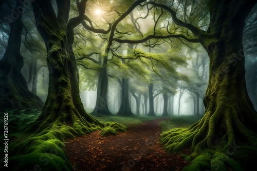 Explore a misty forest glade, where ancient trees are shrouded in fog, creating an enchanting and mysterious atmosphere under the diffused sunligh