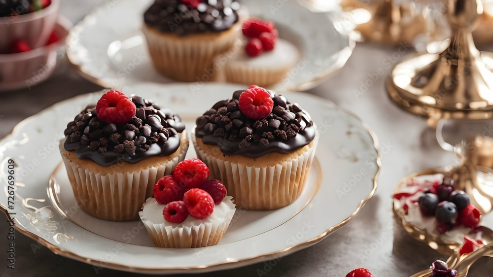 image of cupcakes with berries on a beautiful plate at the festive table for Valentine's Day