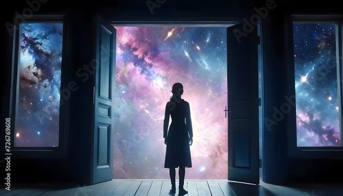 girl standing in front of open doors leading into space