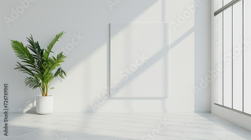empty white room with blank canvas poster mockup on the white wall 