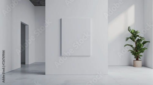 empty white room with blank canvas poster mockup on the white wall 