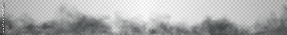 Very long black cloud of smoke isolated on dark transparent background. Panorama of dark realistic big city smog or factory exhaust. Vector illustration Very long black cloud of smoke isolated on dark transparent background. Panorama of dark realistic big city smog or factory exhaust. Vector illustration