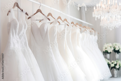 Multiple white wedding dresses hanging in a luxurious bridal shop, exuding elegance and beauty.