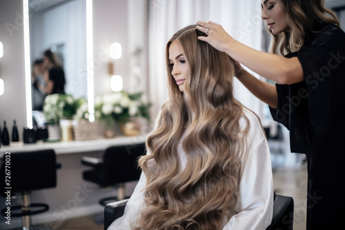 A professional hairstylist works on a young woman's long, wavy hair in a beauty salon.