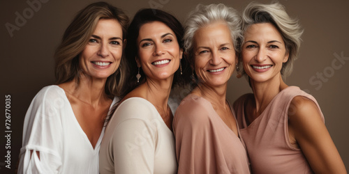 A group of four cheerful and diverse mature women enjoying each other's company in a studio setting.