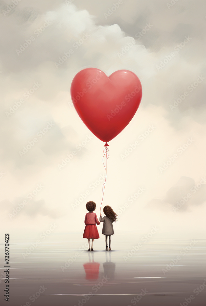 Boy and girl with heart shape balloon, retro silhouette illustration