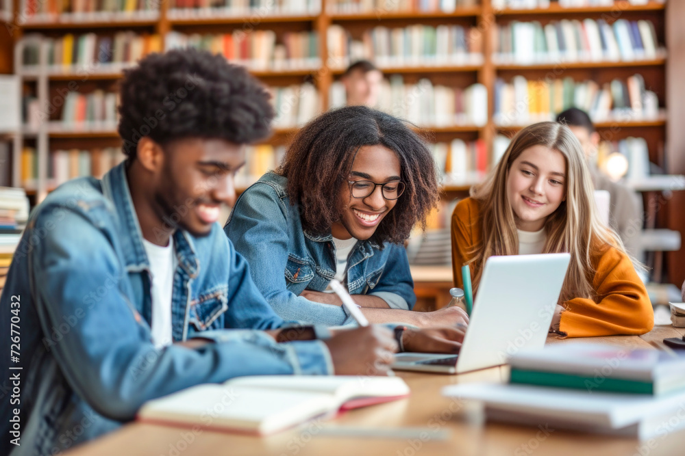 Multiracial university students sitting together at table with books and laptop Multiracial university students sitting together at table with books and laptop