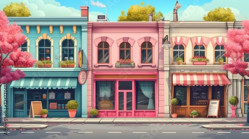 Shops fronts on street. Shopping retail facades, bistroshop and barber boutique, bakery and pet store with sidewalk cartoon vector illustration, neighborhood store exteriors photo