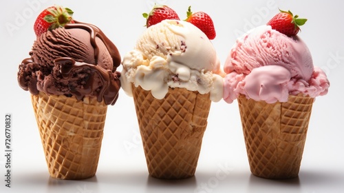 Ice cream in waffle cones on a white background. A set of different types of ice cream balls in waffle cones with fruits, berries, chocolate, caramel and sweets. Summer and sweet ice cream menu.