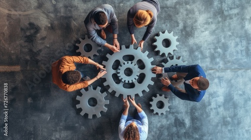 Teamwork of business people work together and combine pieces of gears
