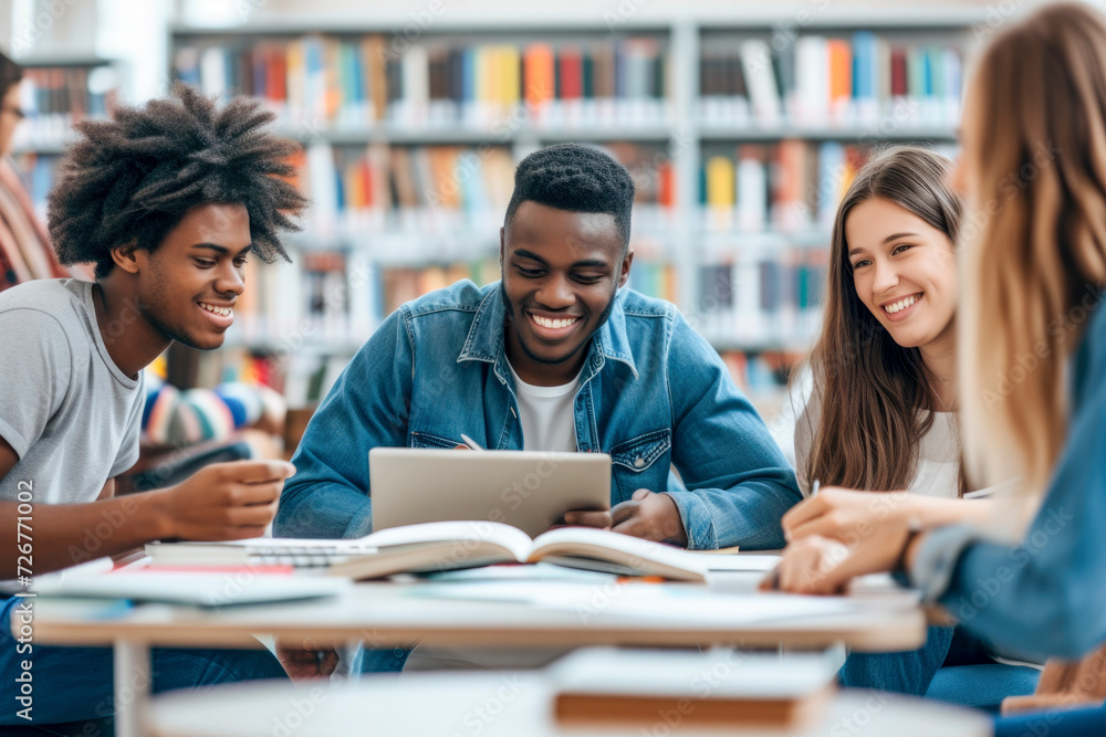 Multiracial university students sitting together at table with books and laptop Multiracial university students sitting together at table with books and laptop