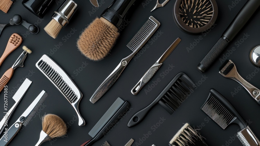 top view of various professional barber tools on black background - obrazy, fototapety, plakaty 