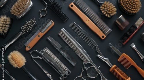 top view of various professional barber tools on black background photo