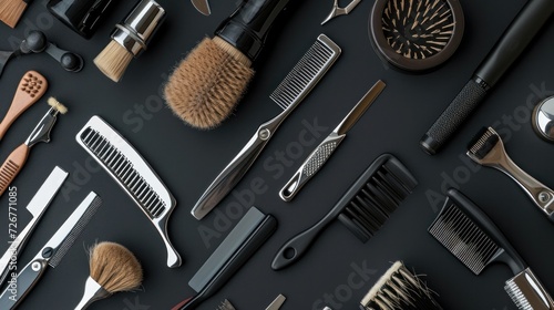 top view of various professional barber tools on black background photo