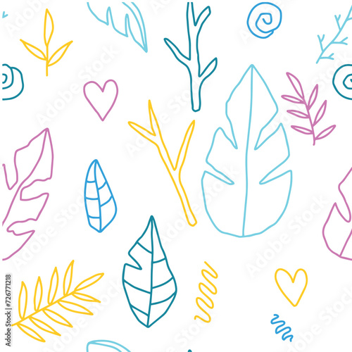 Vector illustration.Seamless pattern of plants twigs leaves. heart. nature.
