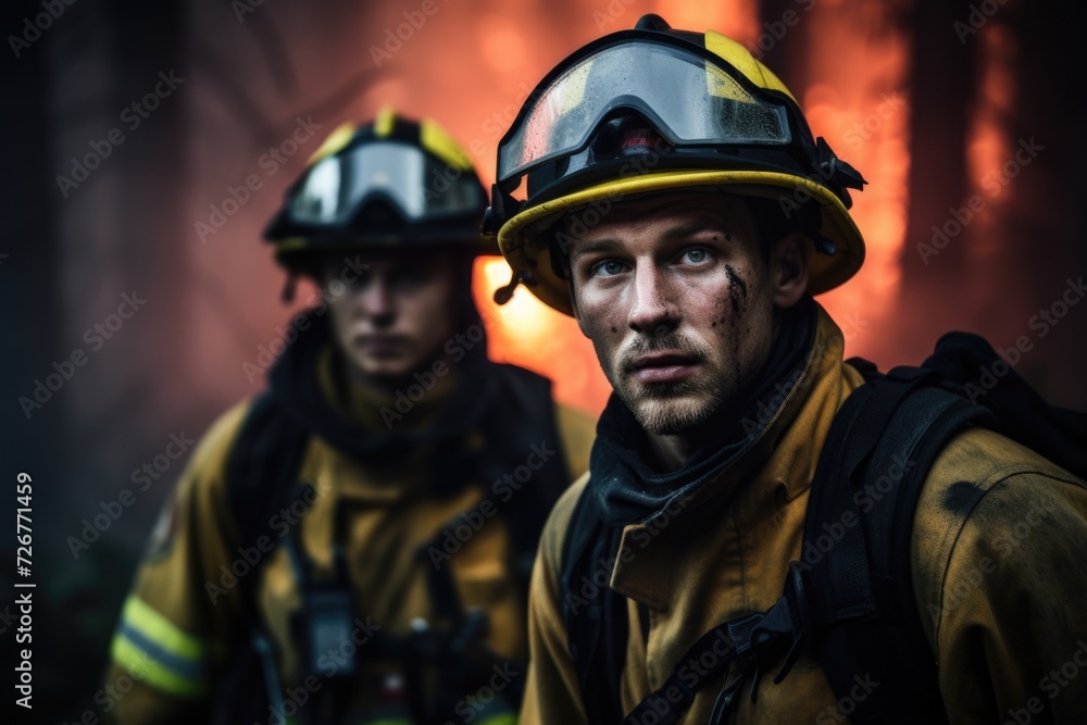 Valor in the Flames: Close-up of male firefighters displaying valor as they confront a blazing forest Valor in the Flames: Close-up of male firefighters displaying valor as they confront a blazing forest