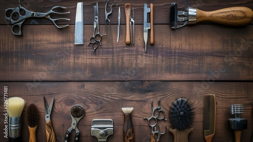 Vintage tools of barber shop on wooden background photo