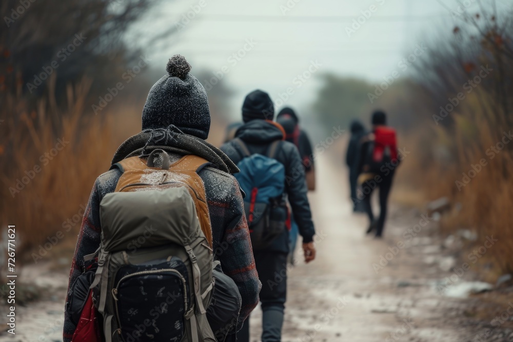 A diverse group of hikers, possibly Middle Eastern or Asian, facing inclement weather A diverse group of hikers, possibly Middle Eastern or Asian, facing inclement weather