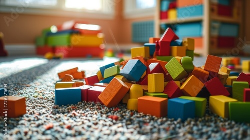 wooden toy bricks strewn on the carpet in playroom, at sunny day