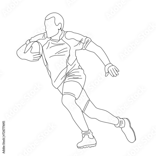 Male Rugby player holding ball on pitch. Sportsman runing with a rugby ball. 