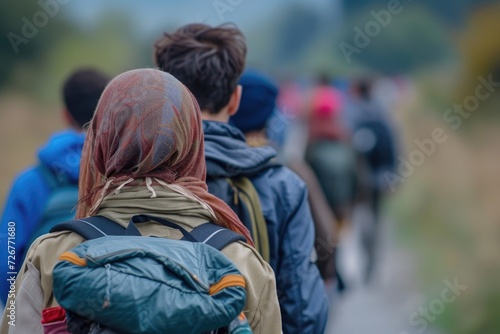 A group of travelers with backpacks trek along a wet road  amidst a misty landscape