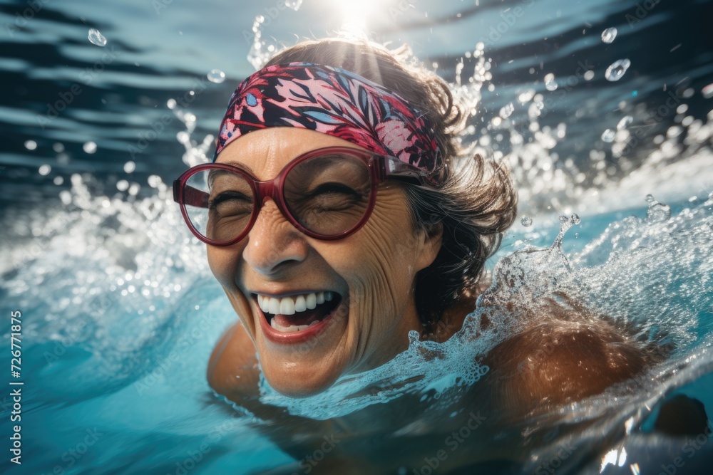Satisfied woman enjoying a splash in the pool, adorned with a swim cap and swimming goggles