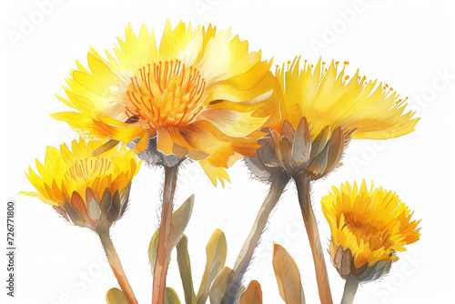 Closeup of bright yellow coltsfoot flowers (Tussilago farfara, tash plant, coughwort, farfara). Watercolor hand drawn painting illustration isolated on white background photo