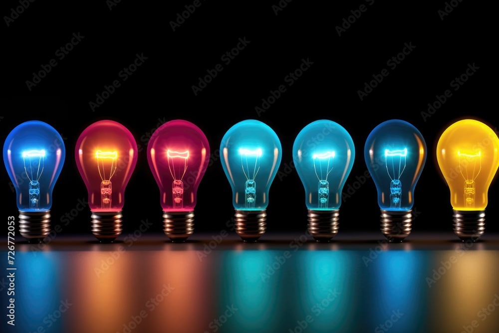 Creativity concept with light bulbs glowing in rainbow hues. Creativity concept with light bulbs glowing in rainbow hues.