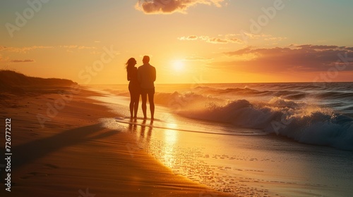 couple walking on the beach at sunset