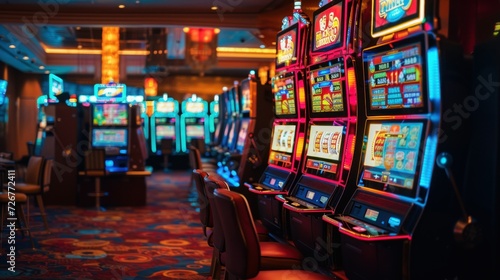 photo of a vintage-style casino with rows of brightly lit slot machines