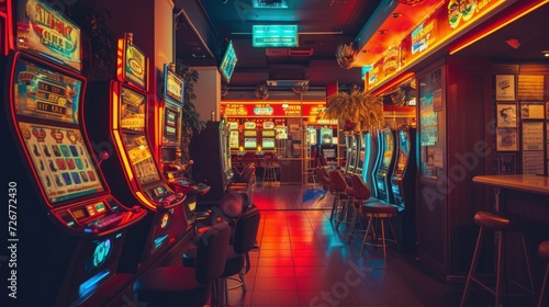 photo of a vintage-style casino with rows of brightly lit slot machines