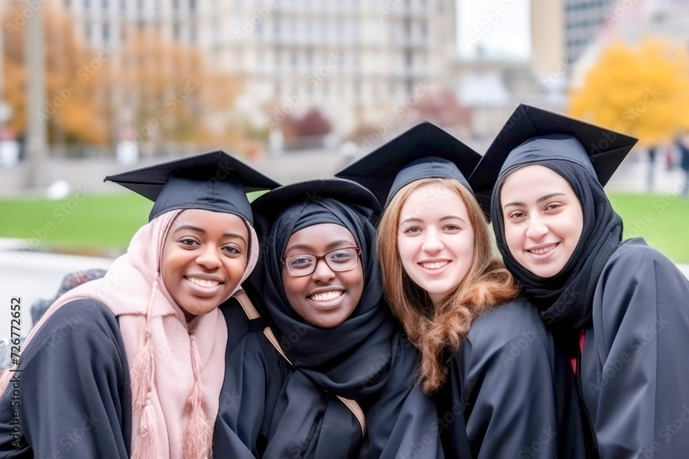 Group of happy joyful diverse multiracial college at graduation day