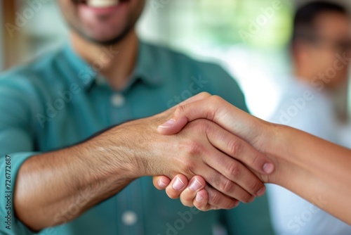 A close-up depicts a solid handshake, symbolizing agreement. A smiling man in green conveys a friendly business setting