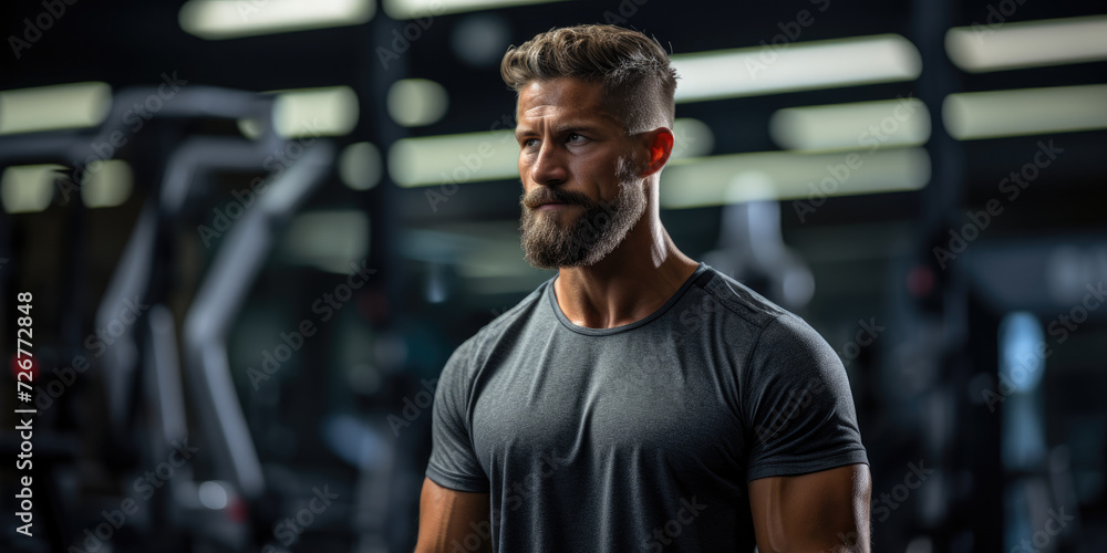 Naklejka premium Portrait of a handsome young man in sportswear at the gym A man with a beard stands in a well-equipped gym, ready to engage in physical activities.