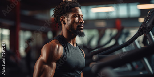 Portrait of a strong young African man working out in a gym A man with dreadlocks is working out in the gym, engaging in various exercises and fitness routines. photo