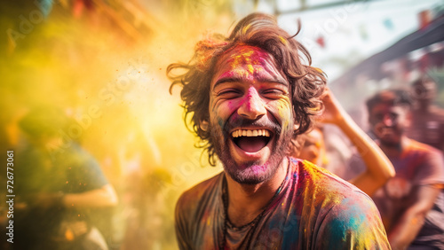 Joyful cheerful laughing caucasian man Indian street festival embodies spirit of Holi, adorned with vibrant paint surrounded by crowd. His happiness reflects the cultural richness of this celebration.