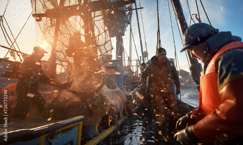 Tired fishermen team working on a trawler boat in the open sea during the evening sunset hours, using wet fishing nets, ropes, and winches. Fishing and angling industry concept image. photo