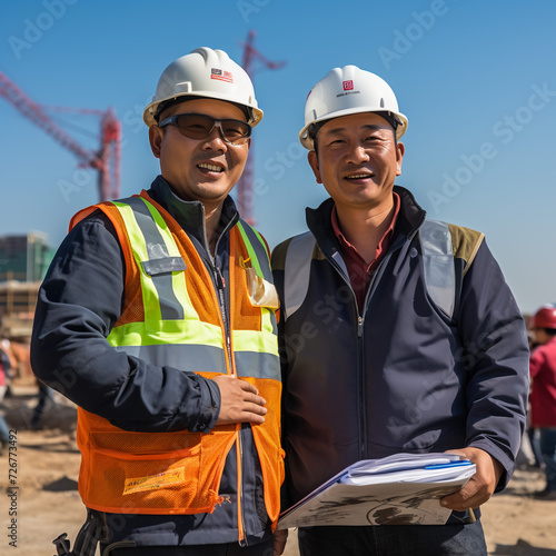 Two Engineer discussing on site building construction holding blueprint