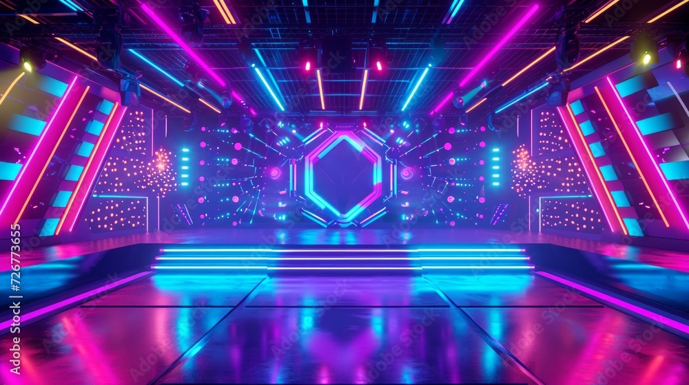 Obraz premium Vibrant futuristic concert stage with dynamic neon purple blue red illumination. Night Club. Concept of virtual reality events, futuristic concerts, and high tech stage design.